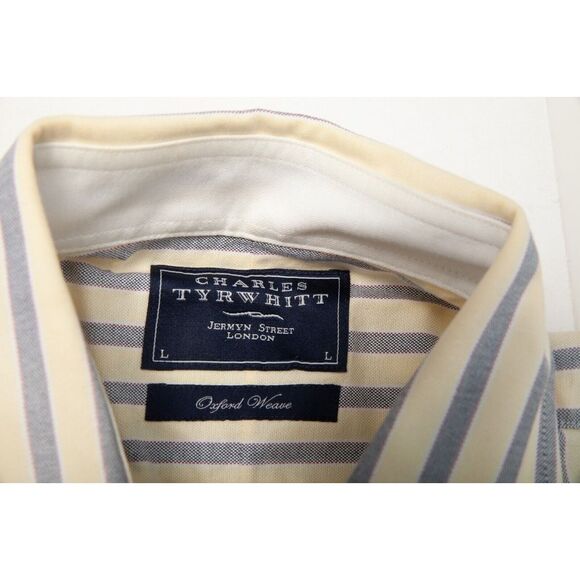 Charles Tyrwhitt Shirt Mens Large Yellow Blue Striped Button Down Long Sleeve - Picture 6 of 10